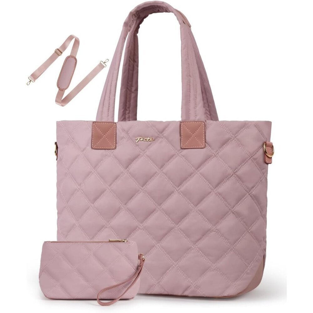 Womens Pink Puffer Shoulder Tote Quilted Work Bag Laptop Sleeve Compartment